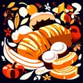 Vector illustration of a bakery, bread, butter, apples and flowers AI Generated