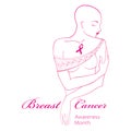 Vector illustration of bald woman after chemotherapy with pink ribbon isolated on white background. Breast Cancer Awareness Month. Royalty Free Stock Photo