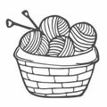 Vector illustration of balls of yarn in knitting basket. Can be used as a sticker, icon, logo, design template, coloring page Royalty Free Stock Photo