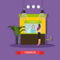 Vector illustration of bank cashier, cashbox, customer standing near it