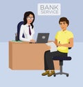 Vector illustration of Bank service female manager and client. Consultancy, ATM cash, business concept.