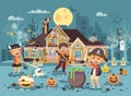 Vector illustration banner brochure cartoon character child Trick-or-Treat, boy costume fancy dresses Viking pirate Royalty Free Stock Photo