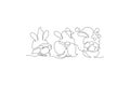 Vector illustration banner design cute gnomes with eggs for Easter and spring. Easter Bunny illustration continuous line drawing.