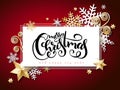 Vector illustration of banner with hand lettering label - merry christmas sale - with stars, sparkles, snowflakes and Royalty Free Stock Photo