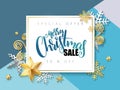 Vector illustration of banner with hand lettering label - merry christmas sale - with stars, sparkles, snowflakes and