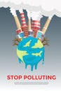 vector illustration banner poster environment city with highly air polluted from a factory chimney, and melted earth. global