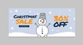 Vector illustration banner with a snowman and the inscription Christmas sale. Christmas sale holiday banner