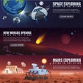 Vector illustration banners of space flight spaceships exploration, alien planets in outer space, galaxy Mars rover and