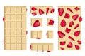 Vector illustration of bar and pieces of white handmade chocolate with dried strawberries isolated on white