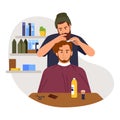 Vector illustration of barber. Cartoon scene with hairdresser who takes a man hair, styling his hair, trimming his beard