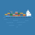 Vector illustration barge cargo ship transporting containers floating on the sea