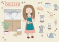 Vector illustration of barista and set of coffee related objects