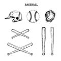 Vector illustration of baseball equipment. Set of drawn sporting goods on a white background. Royalty Free Stock Photo