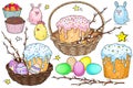 Vector illustration. Basket with cake and Easter eggs decorated with a willow branch.