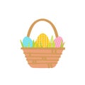 Vector illustration Basket with Easter eggs isolated on a white background. Three polka dot eggs and green grass etched flat style Royalty Free Stock Photo