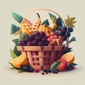 Vector illustration of basket full of fresh fruits and berries, flat style Royalty Free Stock Photo