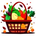 Vector illustration of a basket full of fresh vegetables and fruits. Vegetarian food. generative AI