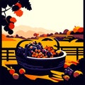 Vector illustration of a basket of grapes on a background of autumn landscape AI Generated