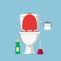 Vector illustration of Bathroom interior with Opened Toilet bowl, porcelain, toilet paper, toilet brush