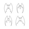 vector illustration of bats in flight. Black flittermouse line art silhouette. Set of one line bats