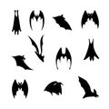 Vector illustration of bats in flight. Black flittermouse silhouette. Set of bats in different shapes