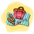 Vector illustration of beach blue towel laying on the sand with beach bag, mp3 player, women shoes on top of it. Summer