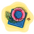 Vector illustration of beach blue towel laying on the sand with green tropical leaf and pink lifebuoy on top of it