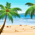 Vector illustration of beach with palms, sand, blue ocean water and sky. Summer tropical view in cartoon flat style. Royalty Free Stock Photo