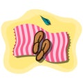 Vector illustration of beach pink towel laying on the sand with women shoes sandals and seashell on top of it. Sandy Royalty Free Stock Photo