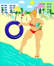 Vector illustration, beach rest, fat woman entering the water