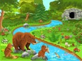 Vector illustration of a bear family coming to the river to eat fish