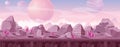 Vector illustration of beautiful alien landscape in pink colors with crystals and mountains. Other planet fantasy