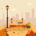 Vector illustration of a beautiful autumn city park with town building background. Evening in the park Royalty Free Stock Photo