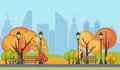 Vector illustration of a beautiful autumn public city park with city skyscrapers buildings on background.