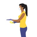 Vector illustration of beautiful black woman in medical protective mask hold out hand with money and receive the delivery package