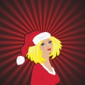 Vector illustration of beautiful blond girl as Santa Claus, red rays in background.