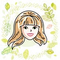 Vector illustration of beautiful blonde female face, positive face features.