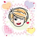 Vector illustration of beautiful blonde happy girl face, positive face features, clipart. Teenager winking.