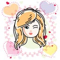 Vector illustration of beautiful blonde happy girl face, positive face features, clipart. Teenager winking.