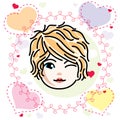 Vector illustration of beautiful blonde happy girl face, positive face features, clipart.