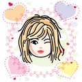 Vector illustration of beautiful blonde happy girl face, positive face features, clipart.