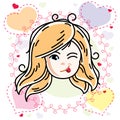 Vector illustration of beautiful blonde happy girl face, positive face features, clipart. Teenager winking and making funny