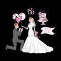 Vector illustration of a beautiful bride holding a bouquet with kneeled bridegroom, wedding cake, rings love banner Royalty Free Stock Photo