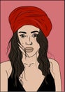 Vector illustration. beautiful woman in red turban on pink background