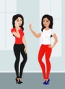 Vector illustration beautiful cartoon girls making a phone call and taking selfie in flat style.