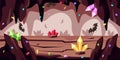 Vector illustration of beautiful cave. Cartoon cave landscape with gems, bats, stalagmites