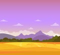 Vector illustration of beautiful colorful autumn landscape with fields, mountains and sky. Farmland concept, flat Royalty Free Stock Photo