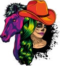 vector illustration of beautiful cowgirl wearing cowboy hat and horse head Royalty Free Stock Photo