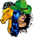 vector illustration of beautiful cowgirl wearing cowboy hat and horse head