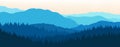 Vector Illustration Of Beautiful Dark Blue Mountain Landscape With Fog And Forest. Sunrise And Sunset In Mountains